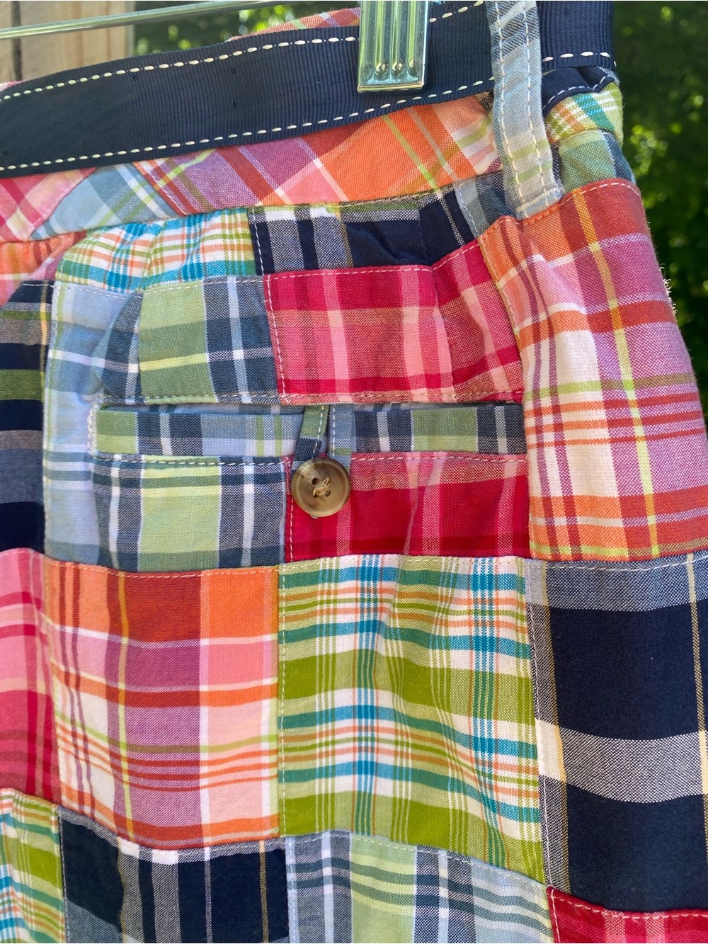 NWOT L.L. BEAN Multicolor Patchwork Plaid Cotton A-Line Skirt w/Navy Tie, Belted - Picture 6 of 8